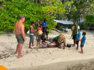 Men butchering a pig on the beach at Kaluwana Island for the tourists