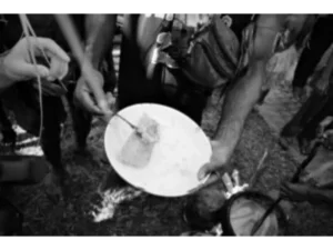 A plate of sago mona being served to a tourist at Bwabwasai village on Sanaroa Island