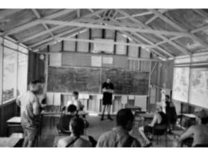 The first tourists on Sanaroa Island inside a classroom 